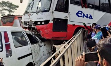 ডিভাইডার টপকে মাইক্রোর উপরে উঠে গেল এনার বাস