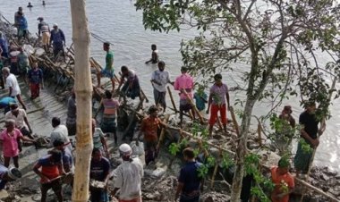 স্বেচ্ছাশ্রমে    কয়রায় বাঁধ মেরামত চলছে