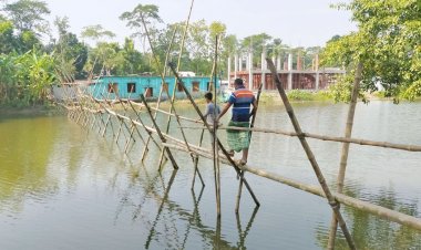 স্কুলে যেতে শিশুদের পার হতে হয় ৩০০ ফুট বাঁশের সাঁকো