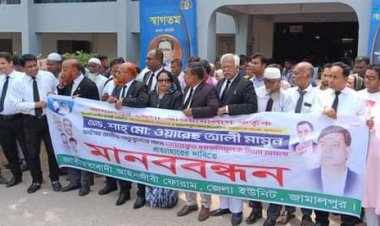 বিএনপি নেতাদের মামলা প্রত্যাহারের দাবিতে জামালপুরে আইনজীবীদের মানববন্ধন